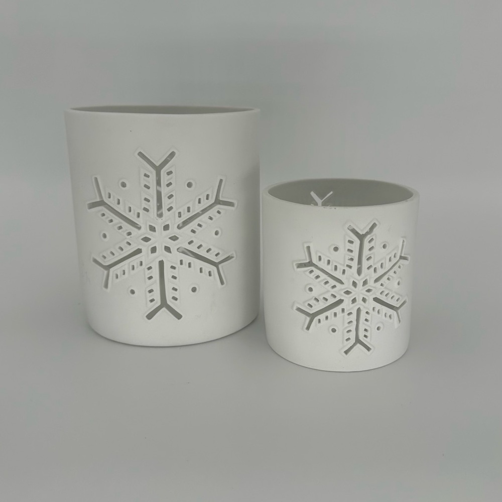2 Crate & Barrel Snowflake Hurricane Candle Holders